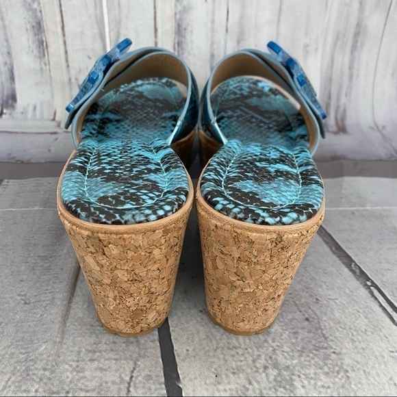 Donald Pliner Illiad Leather Snake Buckle Platform Cork Wedges Blue Black - Picture 12 of 13